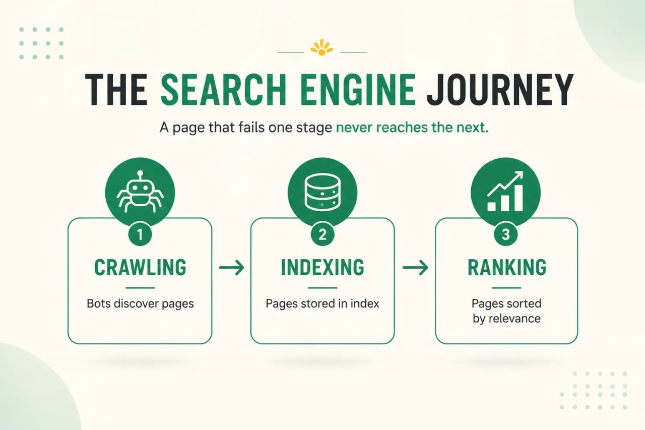 Infographic explaining the search engine journey through crawling, indexing, and ranking, showing how search engines discover, store, and rank web pages.