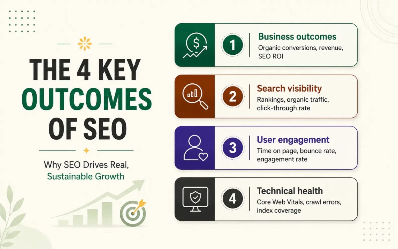 four key metrics to measure SEO success in digital marketing: business outcomes, search visibility, user engagement, and technical health.