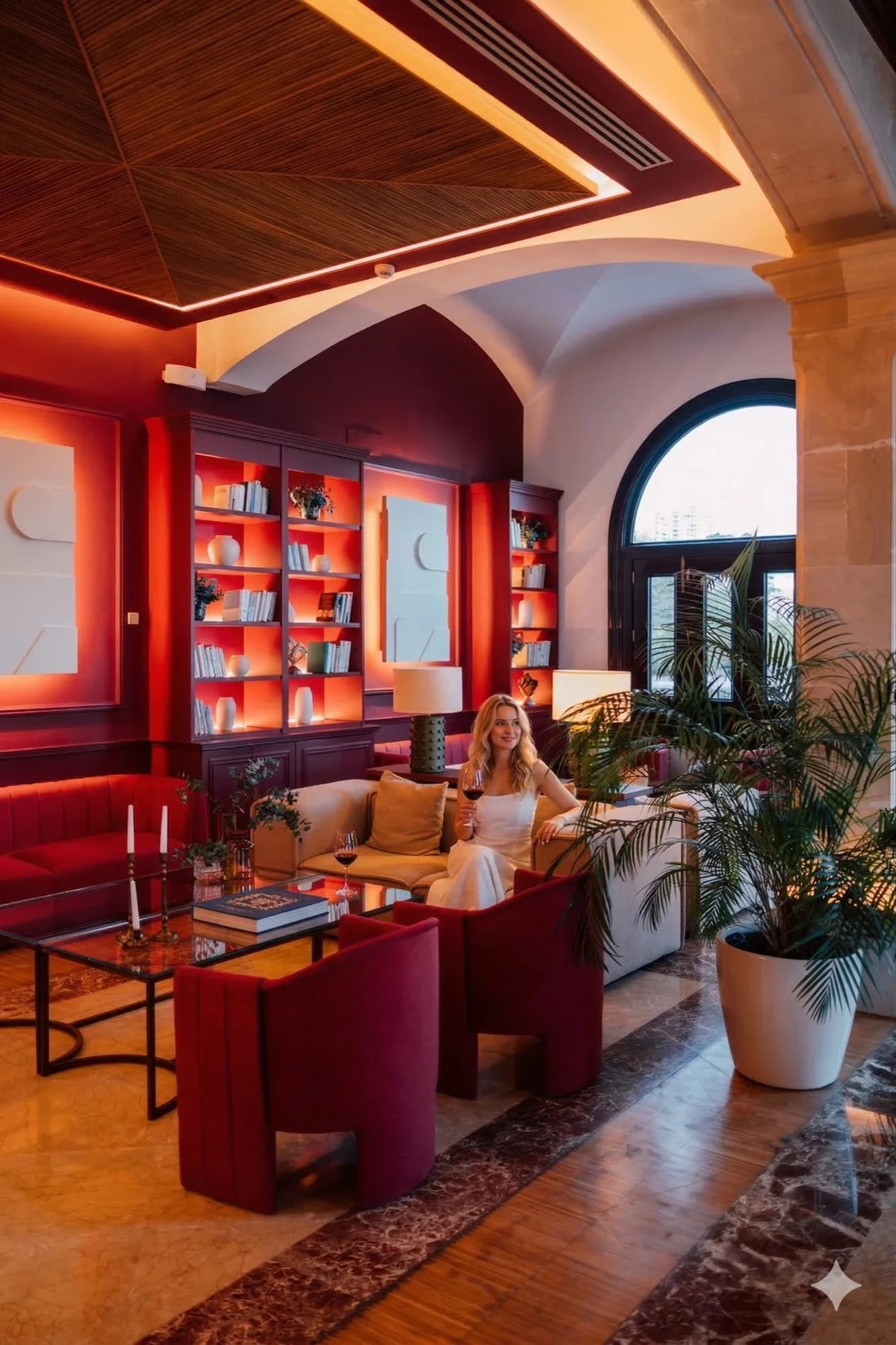 After: Empty lounge becomes a relaxed aperitivo.
