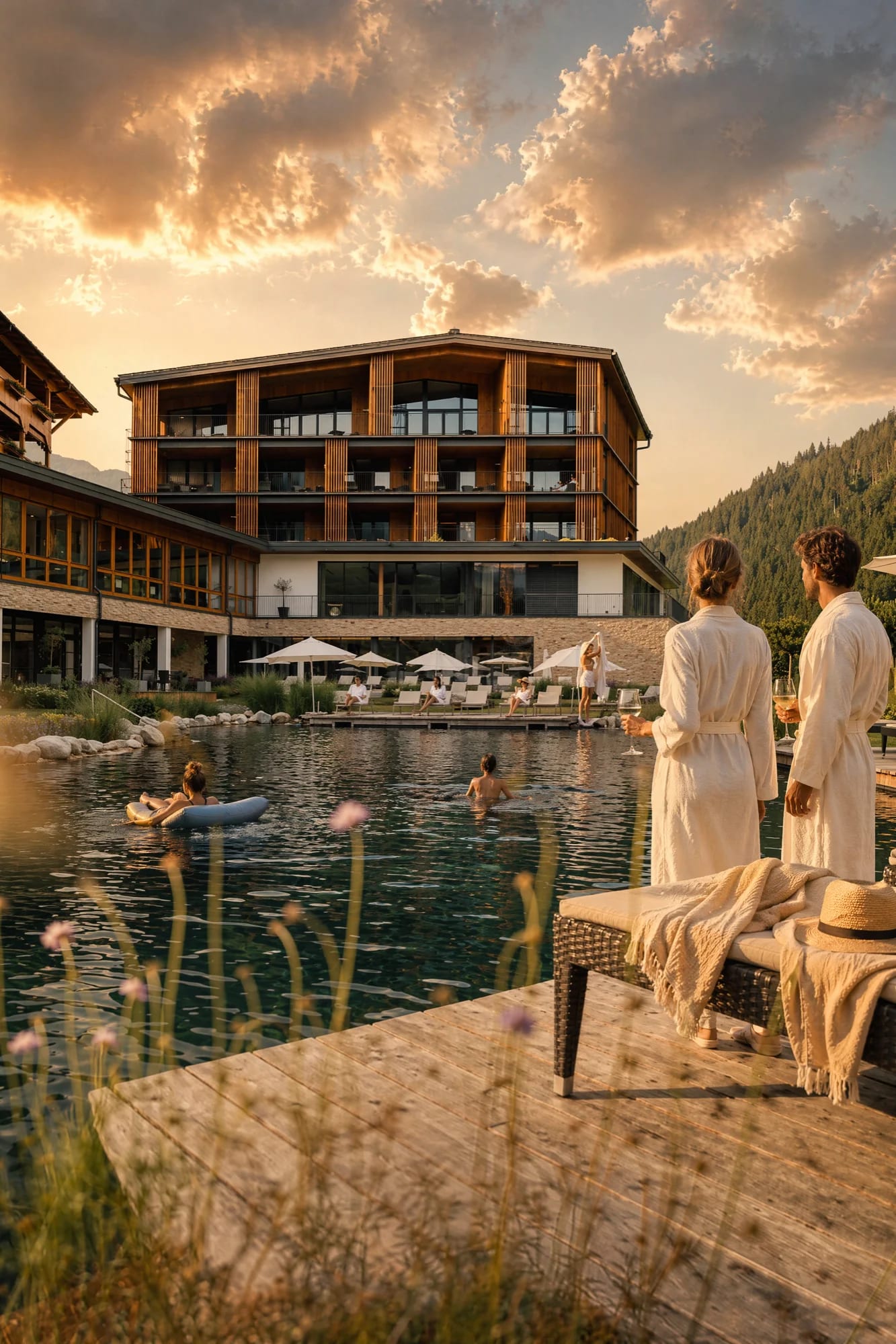 After: A grey sky becomes sunset; a still pool becomes a wellness moment.
