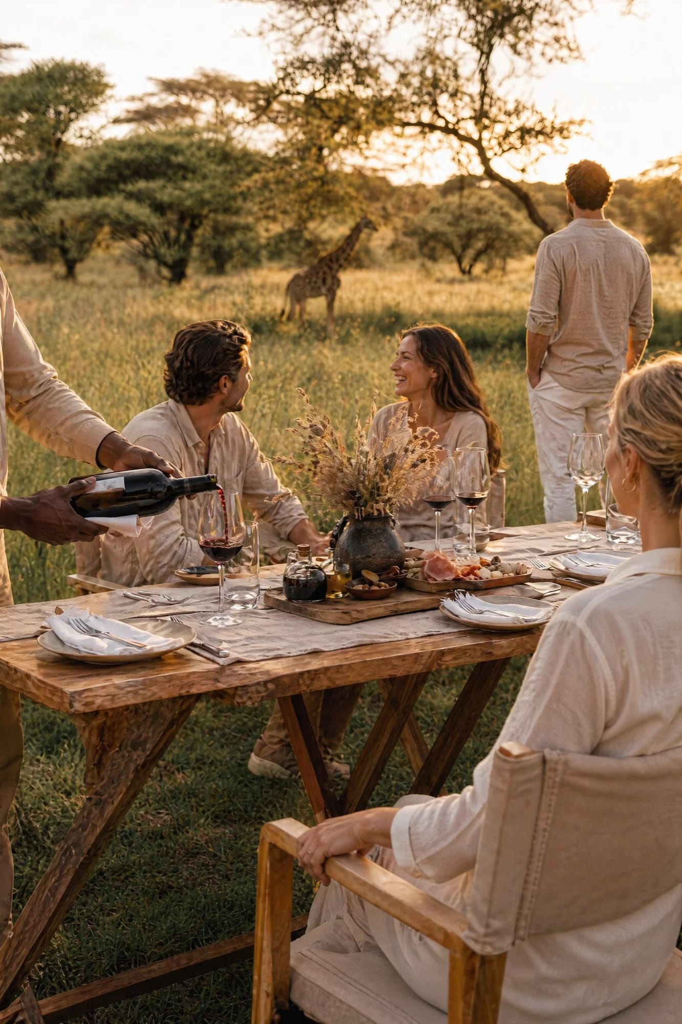 After: A laid table in the savanna becomes dinner under acacias — with a giraffe in the background.