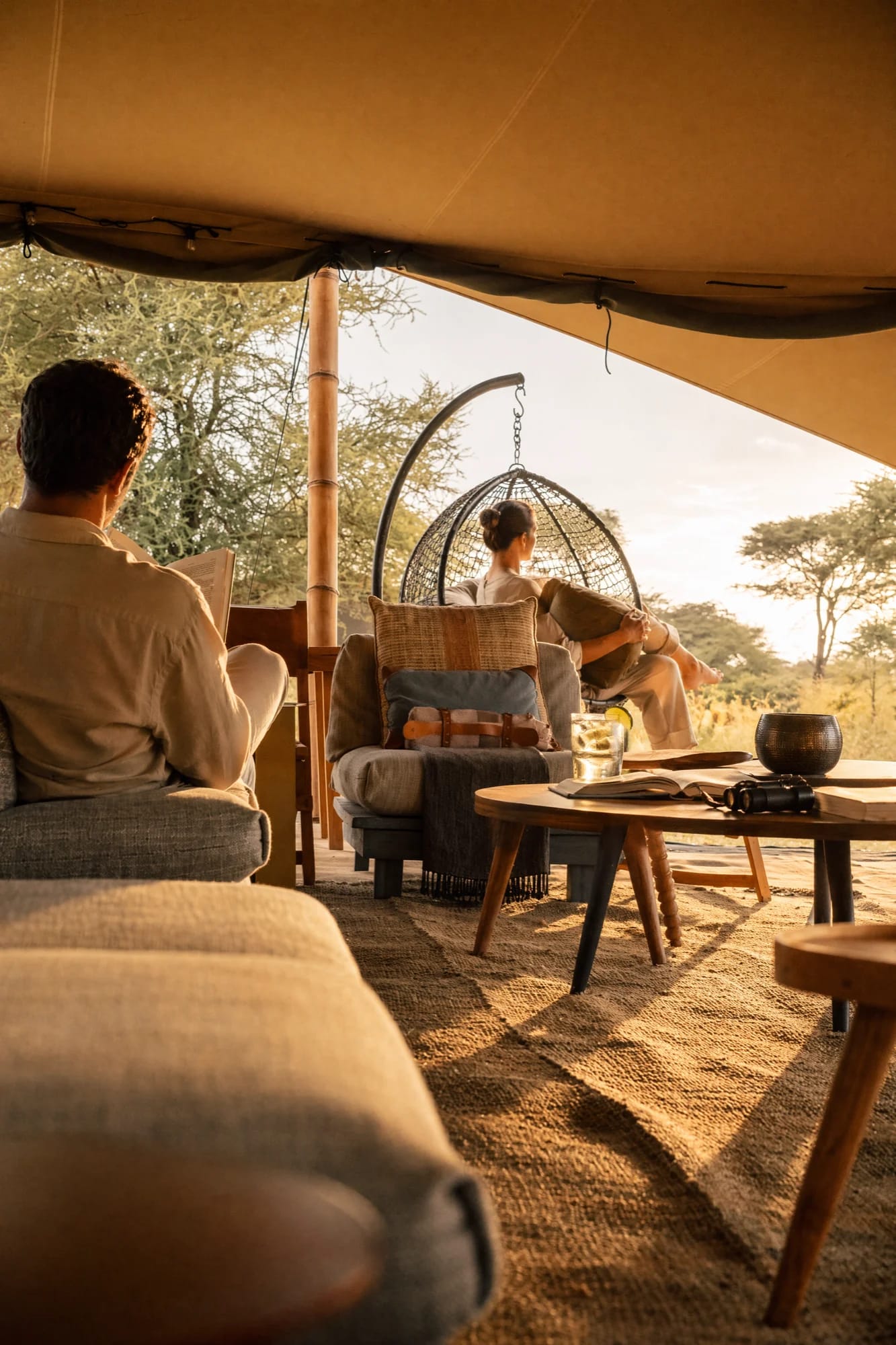 After: A still lounge tent becomes a quiet retreat between game drives.