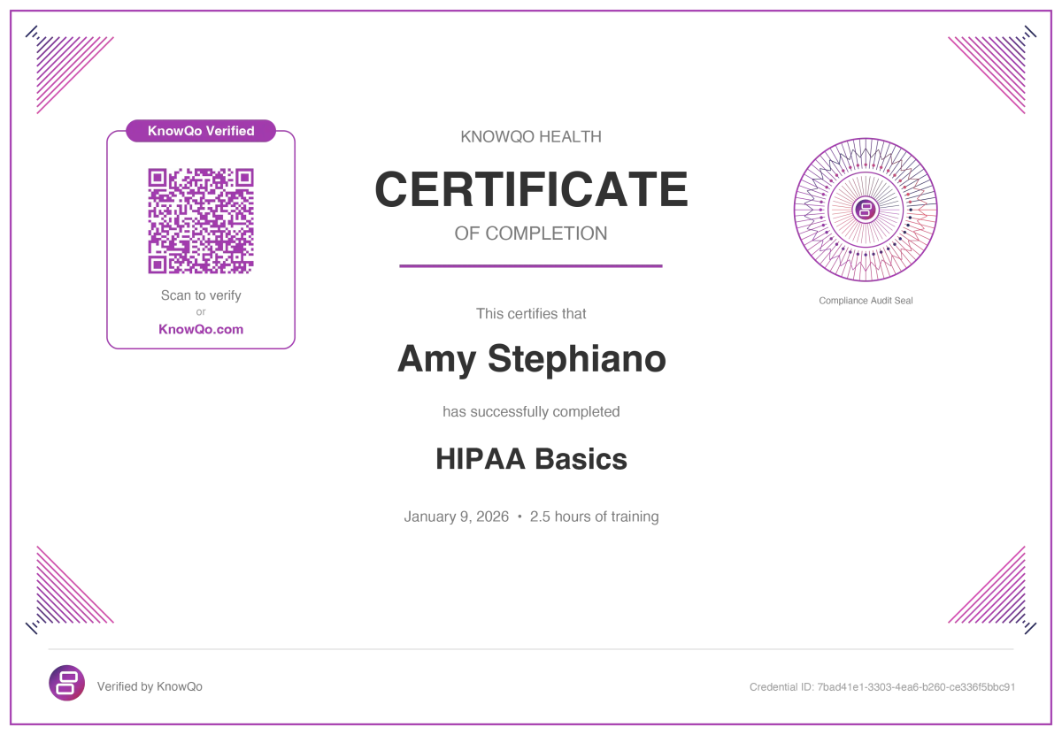 KnowQo HIPAA compliance certificate with QR verification code for dental offices.