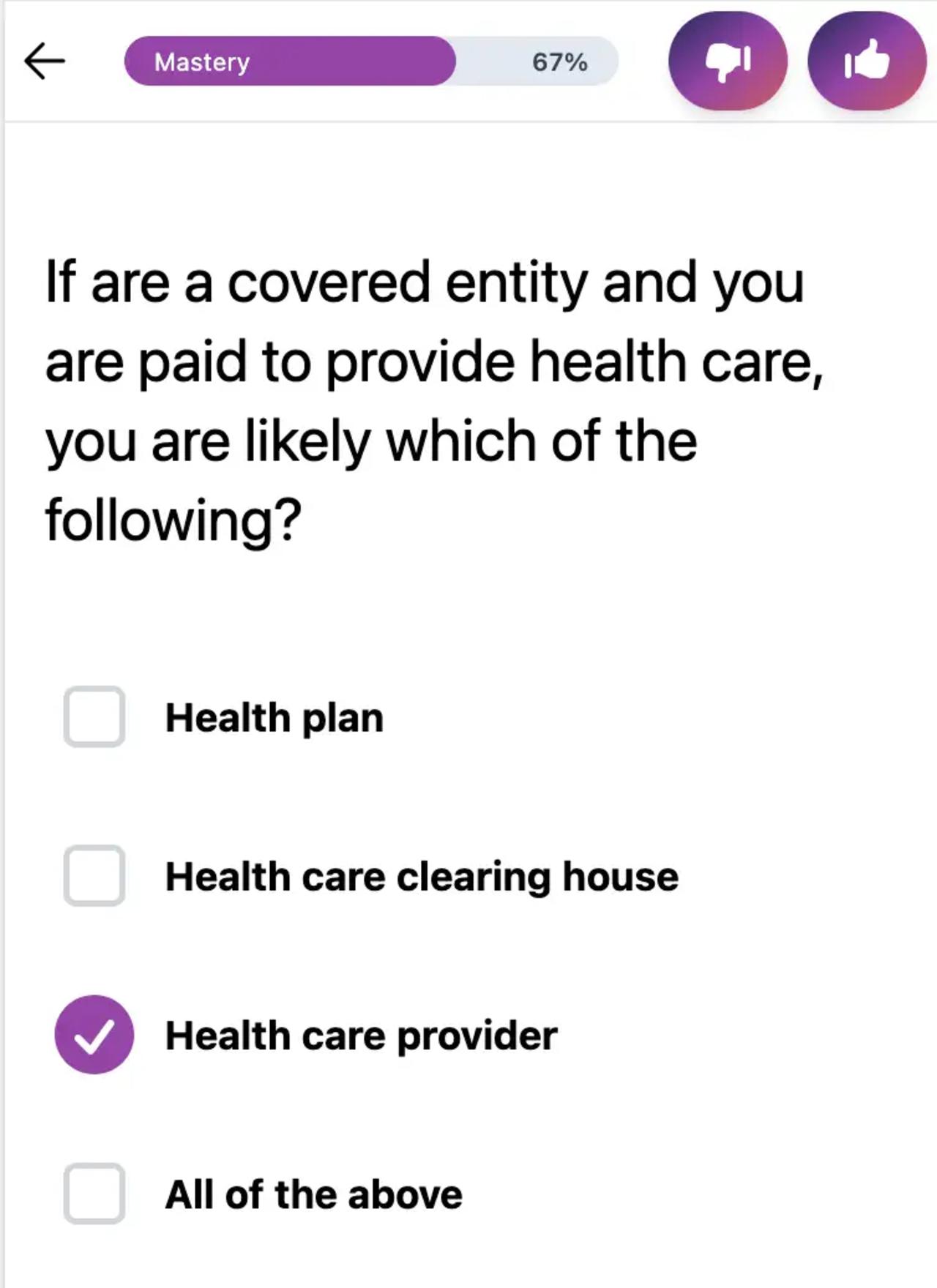 A KnowQo user taking a HIPAA training quiz on their phone.
