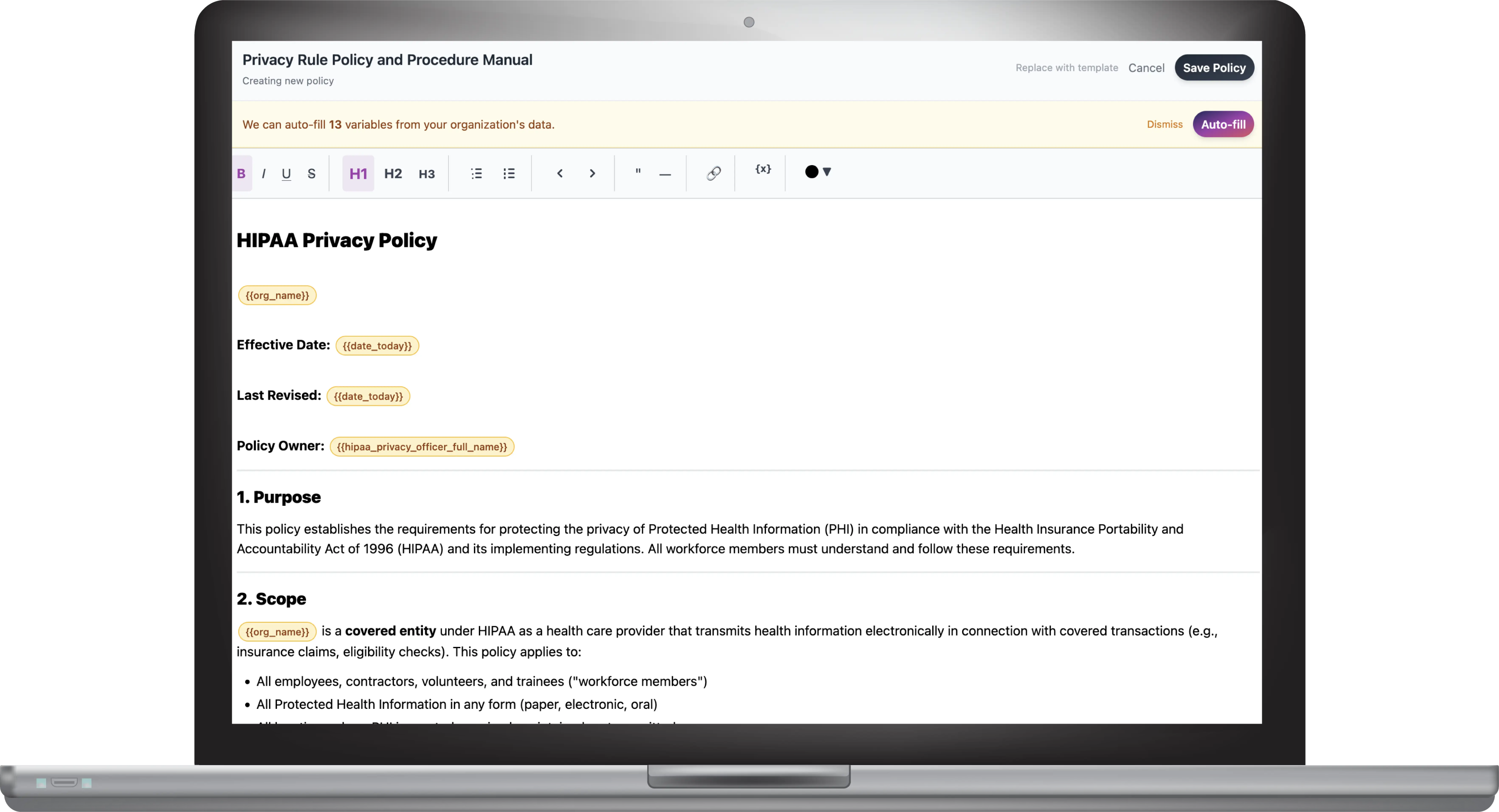 A healthcare administrator creates a Privacy Rule and Procedures manual in five minutes using KnowQo's compliance templates with organizationally adaptive fields.
