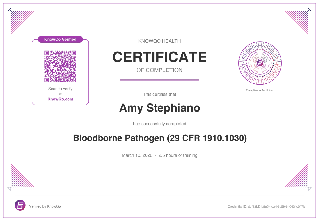 A real KnowQo Bloodborne Pathogen compliance certificate with QR verification code.