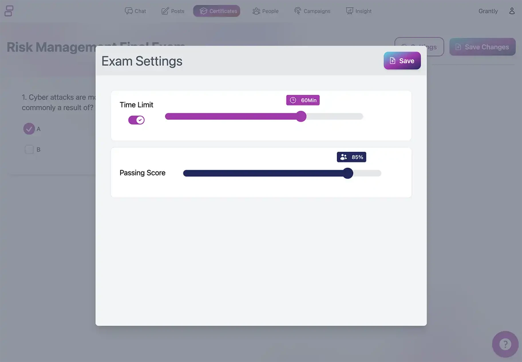 KnowQo Exam Settings for Time and Passing Score
