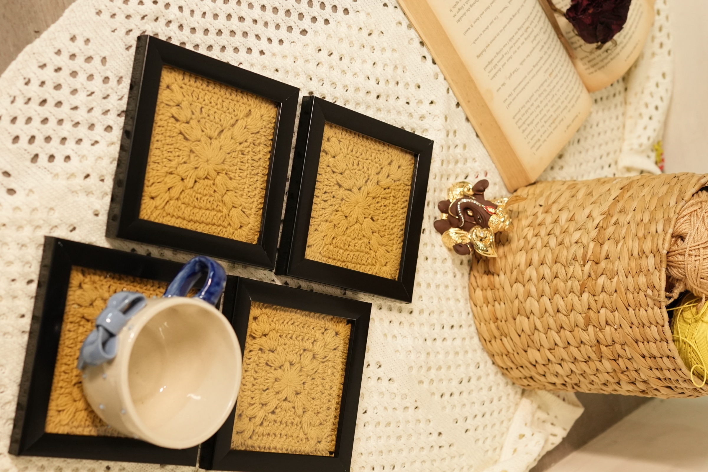 Set of 4 photo frame inspired crochet tea coasters