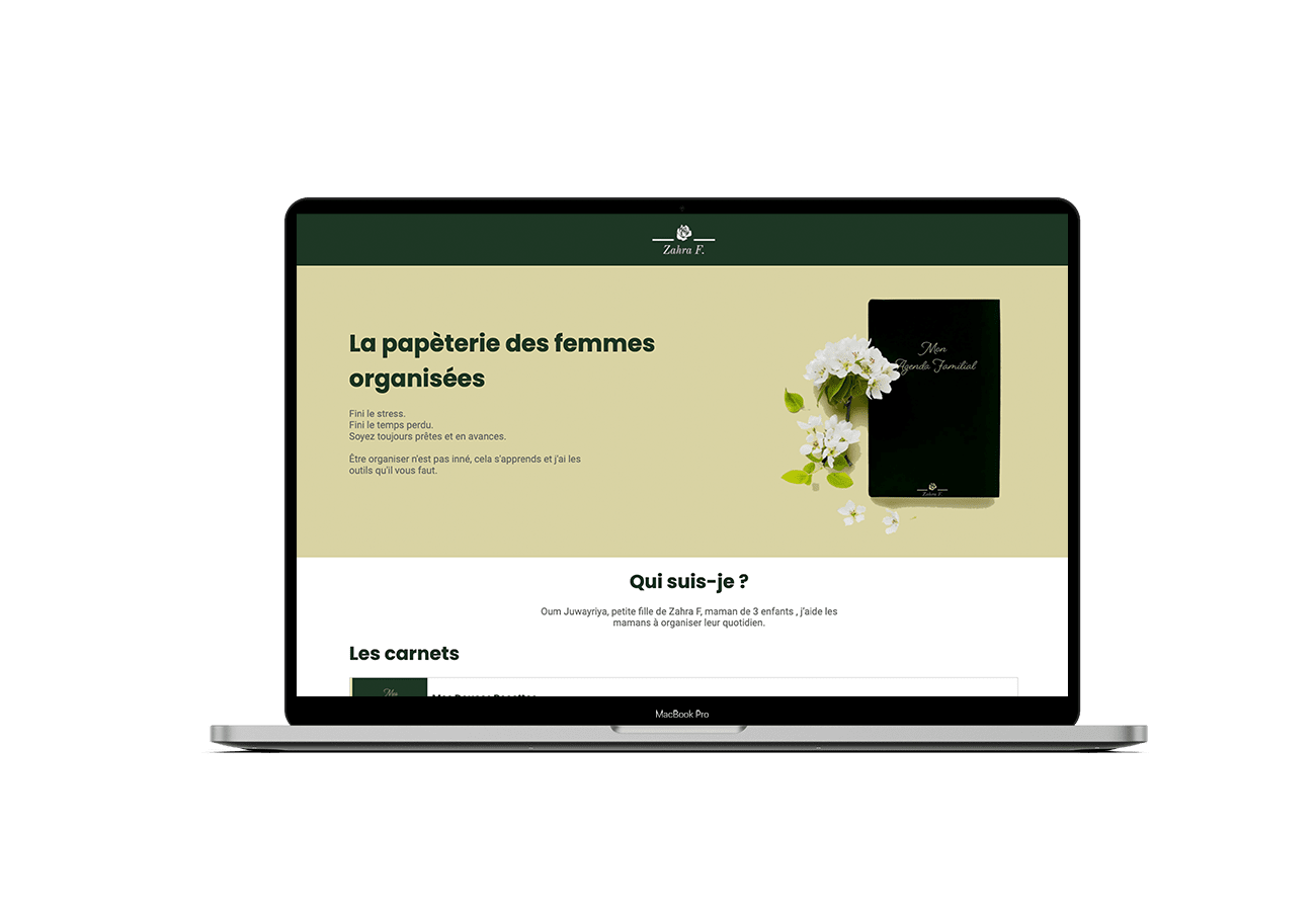 site zahra f developpé en react. Mockup macbook.