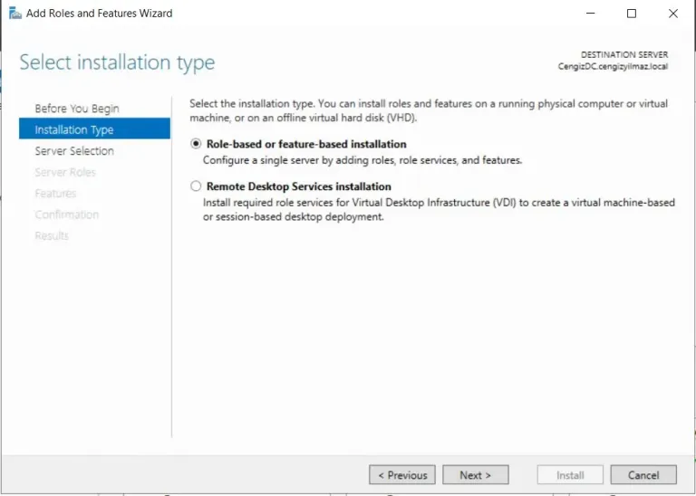Role-based installation adımı ekran görüntüsü