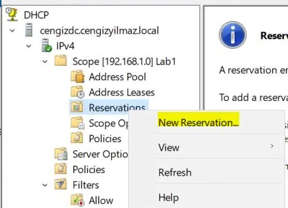 DHCP Server New Reservation