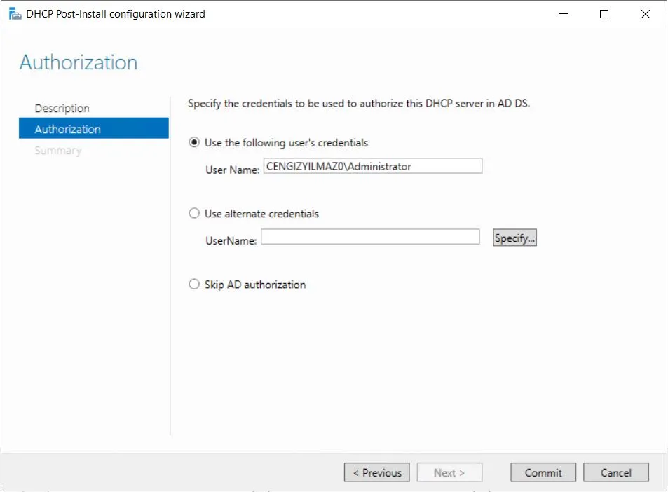 DHCP rolü Authorization