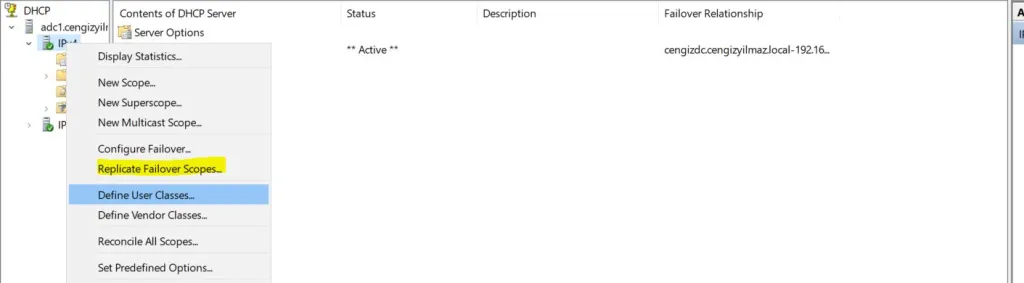 DHCP Server Konsol Replicate Failover Scopes