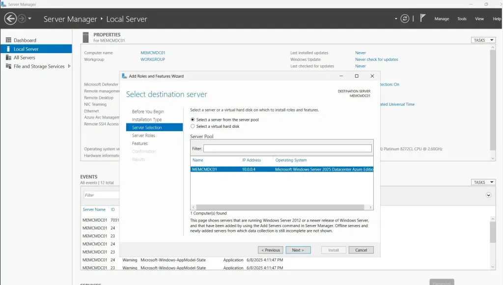 Server Manager Destinatin Servers