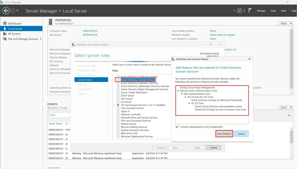 Server Manager AD DS Role