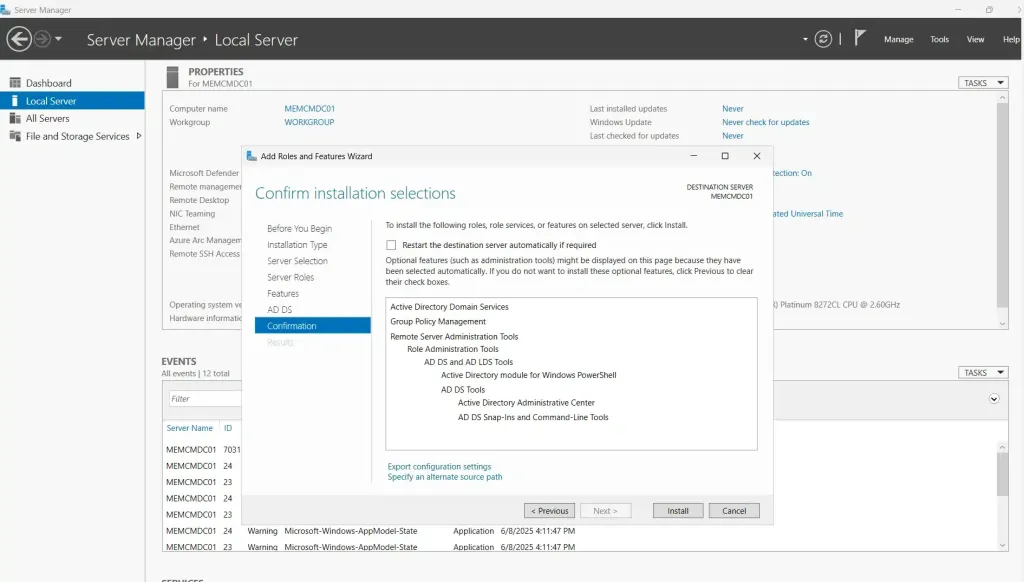 Server Manager AD Install