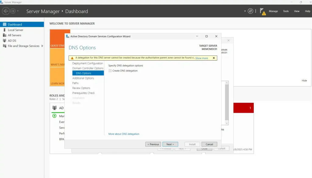 ADDS Kurulum DNS Options