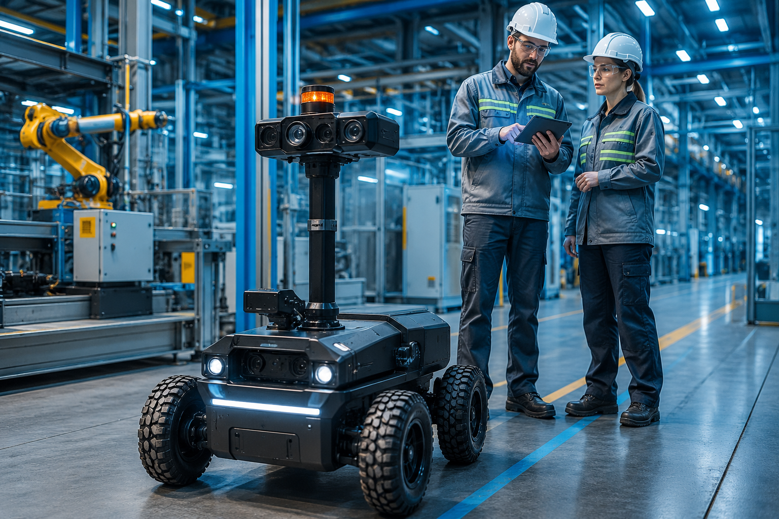 AI-powered autonomous industrial safety inspection robot monitoring factory environment using computer vision