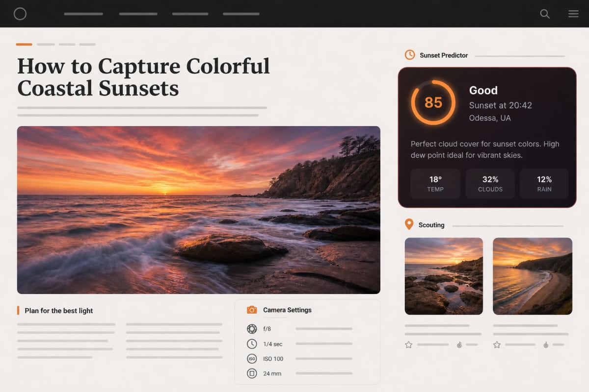 Photography guide to colorful coastal sunsets with an embedded forecast widget and scouting images