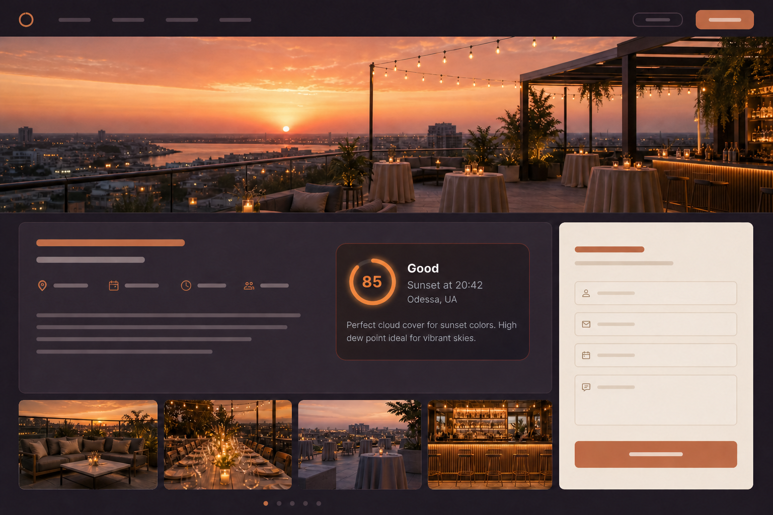 Rooftop event venue website with an embedded sunset widget beside event details and gallery images