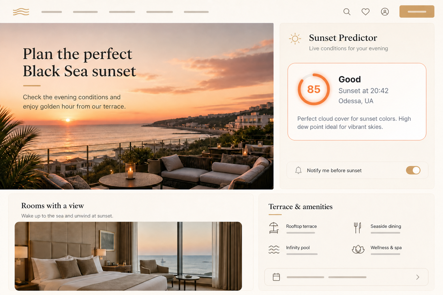 Seaside hotel website with an embedded sunset quality widget beside a rooftop terrace view