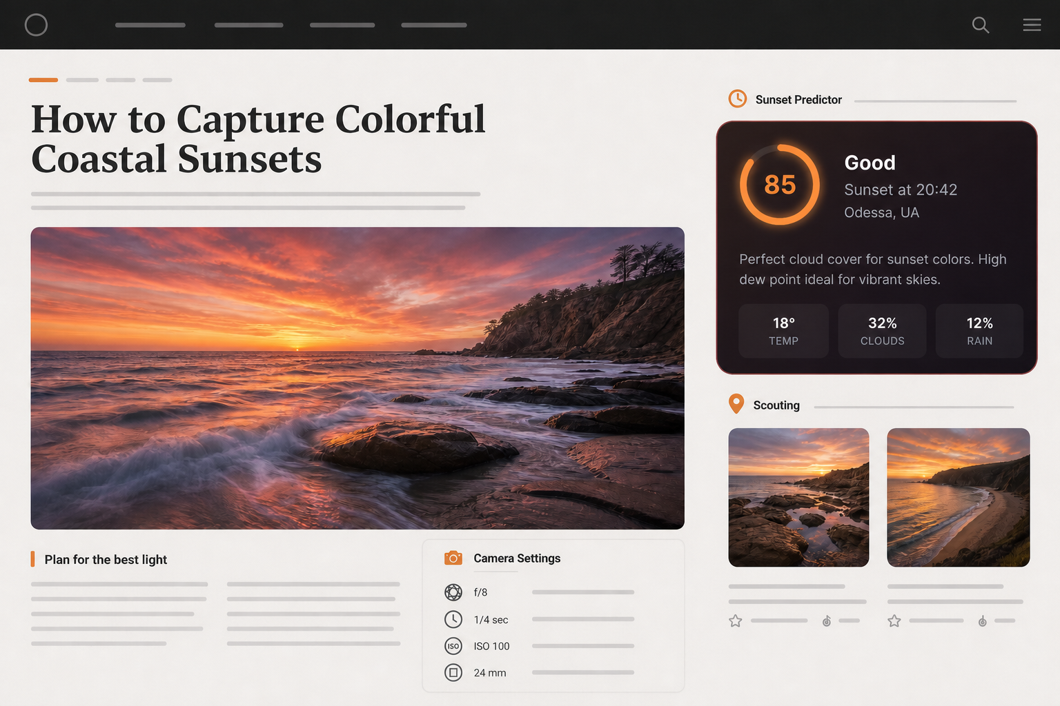 Photography guide to colorful coastal sunsets with an embedded forecast widget and scouting images