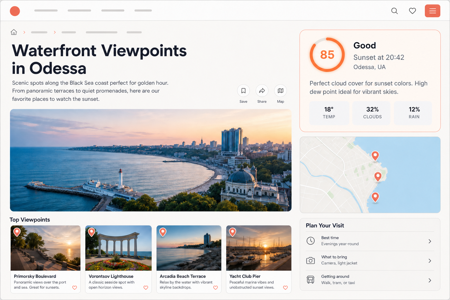 Tourism destination guide with an embedded sunset widget, coastal city photography, and a viewpoint map