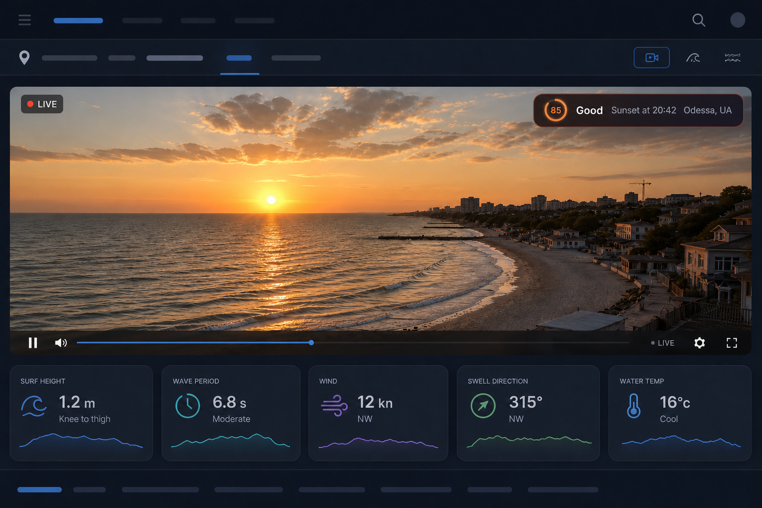 Coastal webcam and surf conditions website with a sunset forecast widget beside the live video