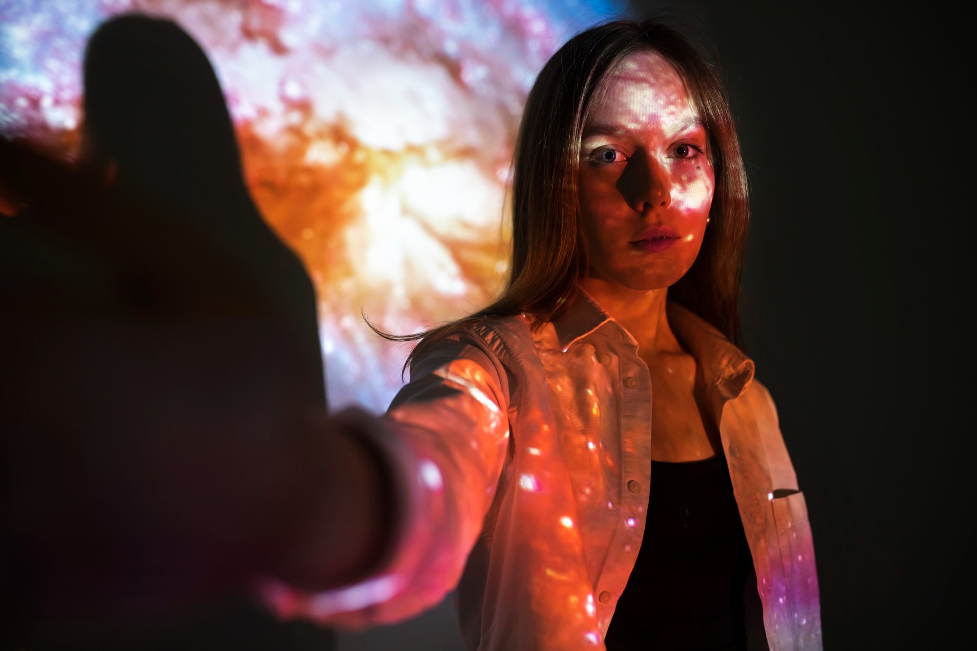 young lady standing, galaxy texture