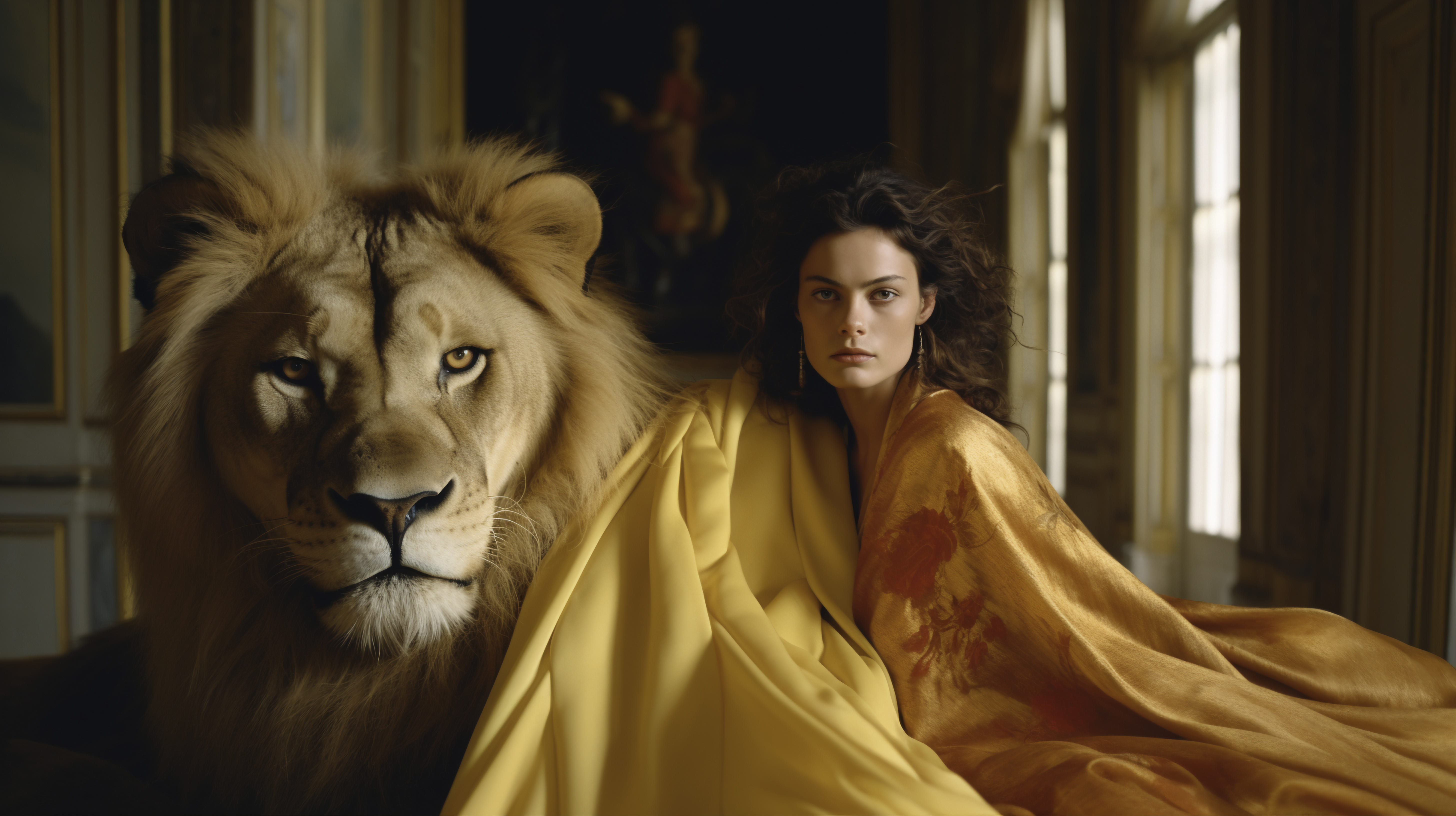 Portrait of a  woman and a lion