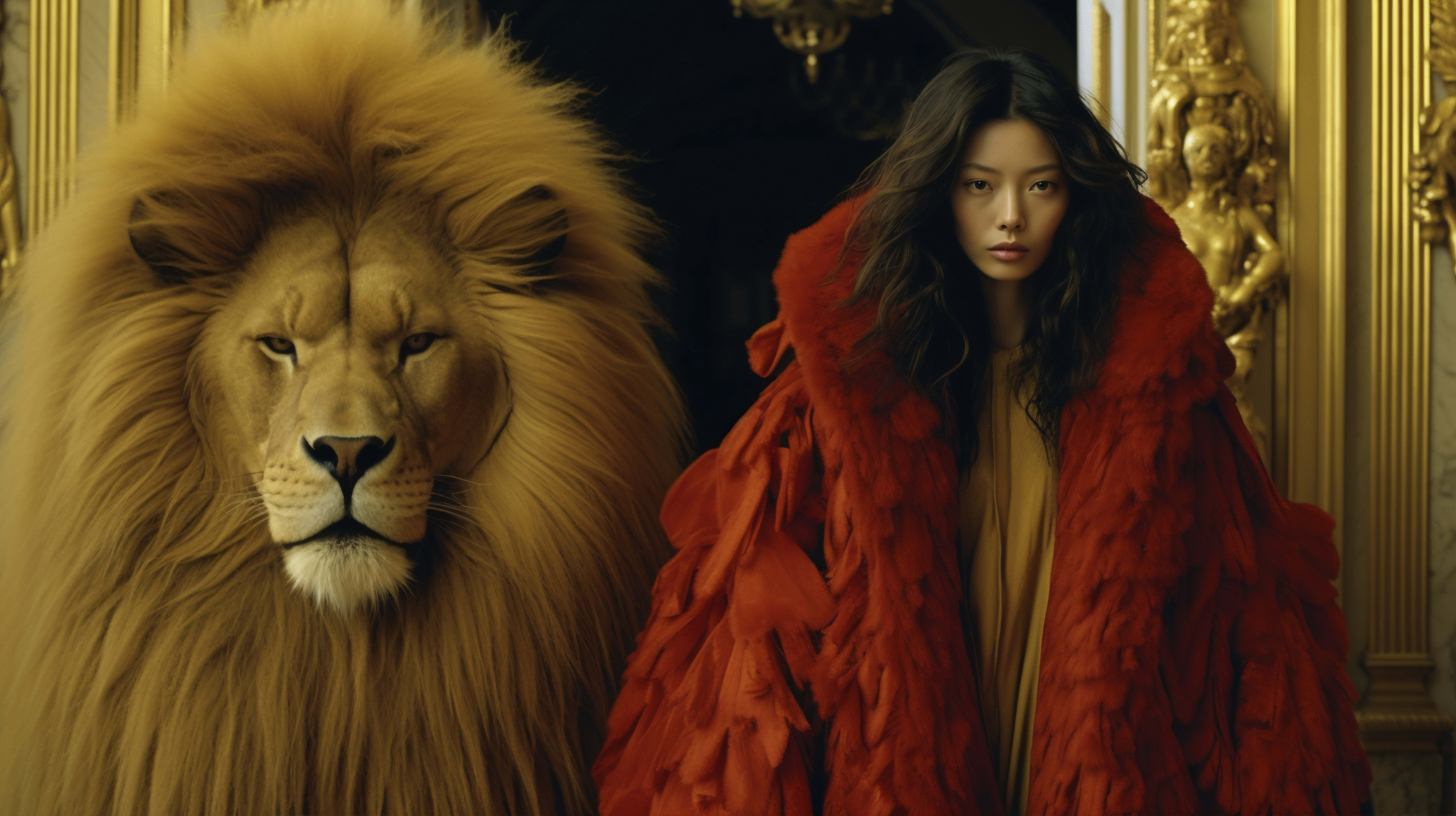 Portrait of a woman representing leo zodiac sign with real lion