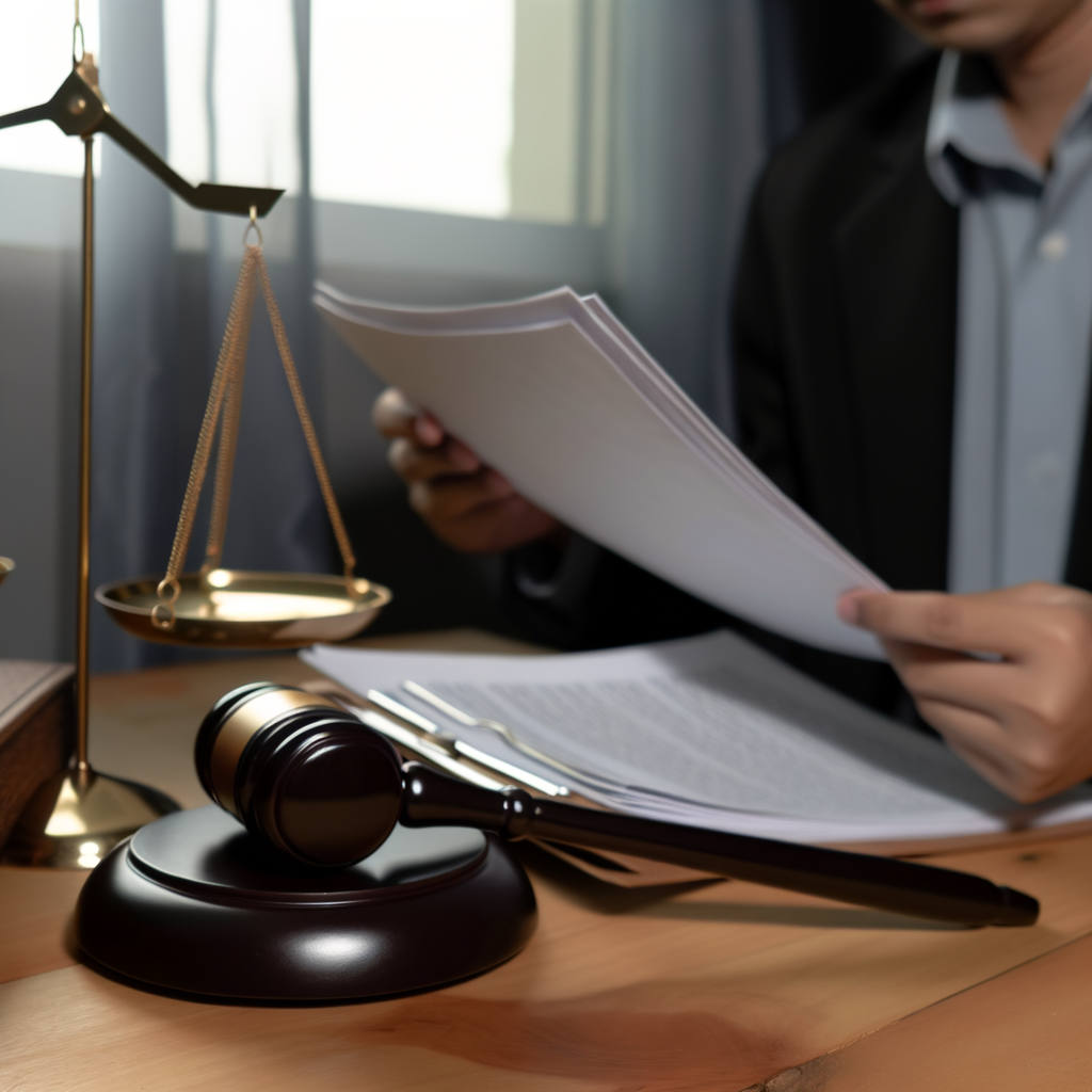 Un homme tient un morceau de papier à côté du marteau d'un juge et de la balance de la justice.