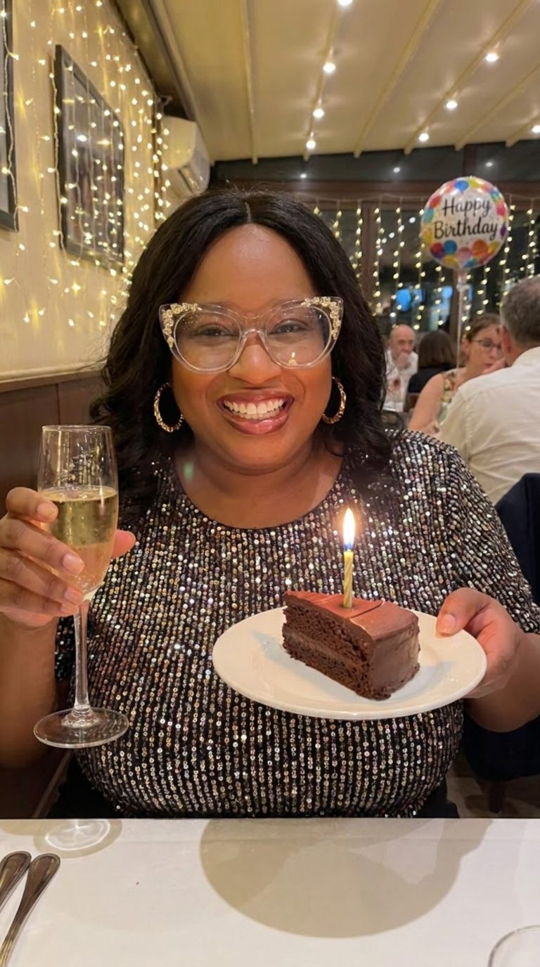 Janay celebrating her birthday with champagne and cake