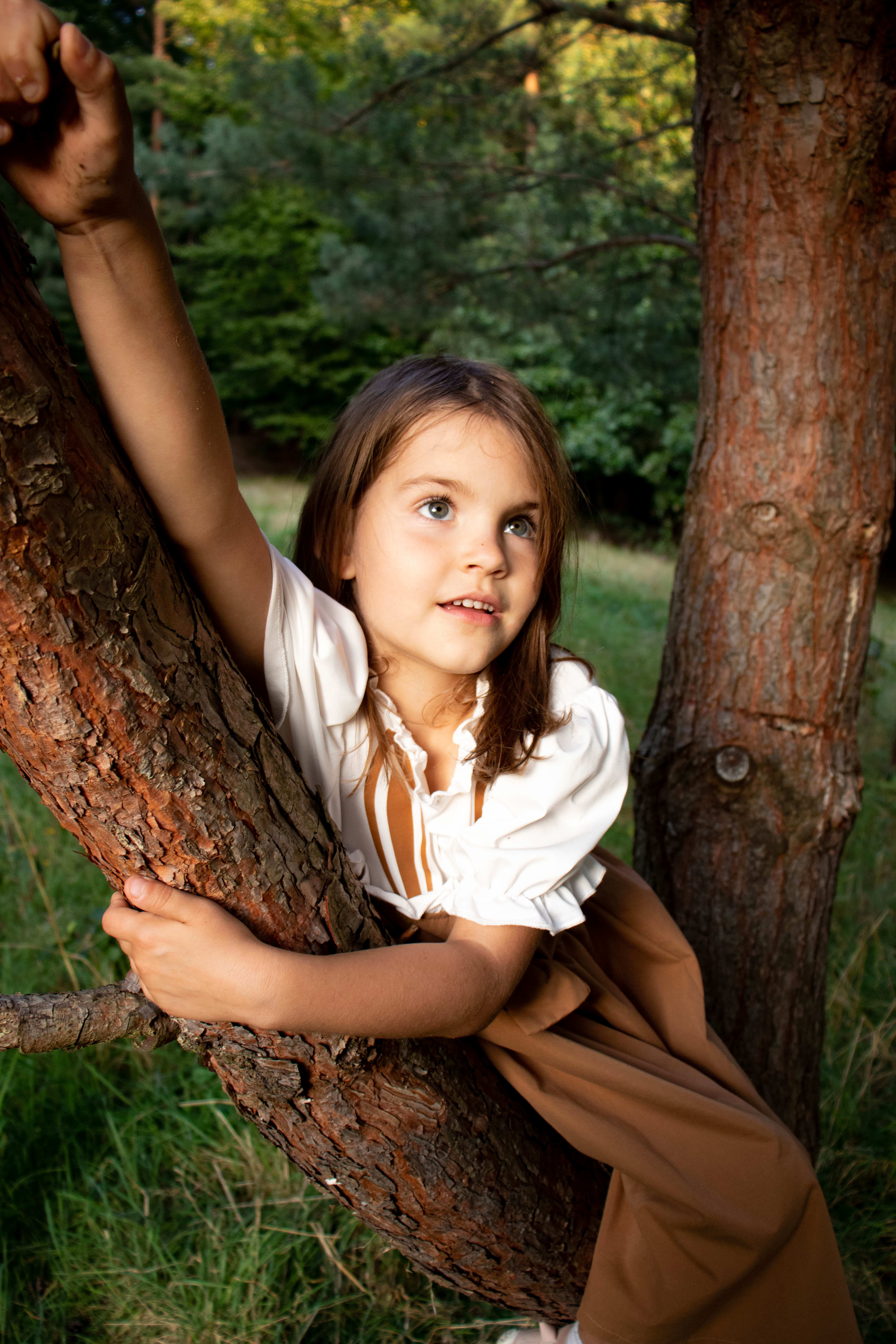 Sesja rodzinna - dziewczynka siedzaca na drzewie.