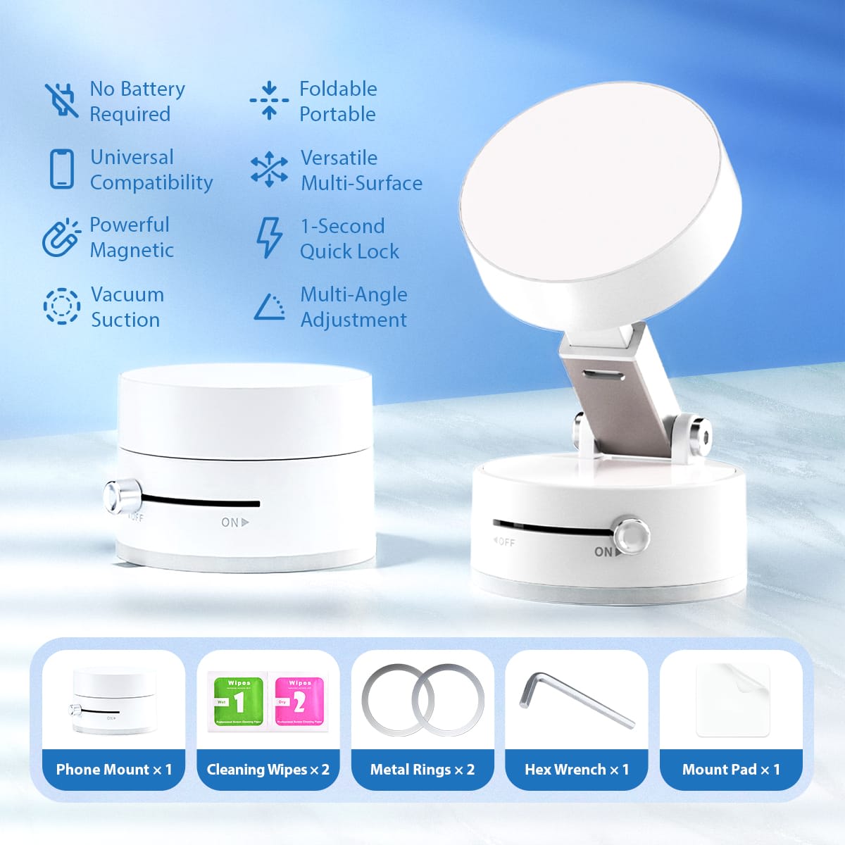 White Wisgic™ Magnetic Phone Mount with vacuum suction and full accessory kit