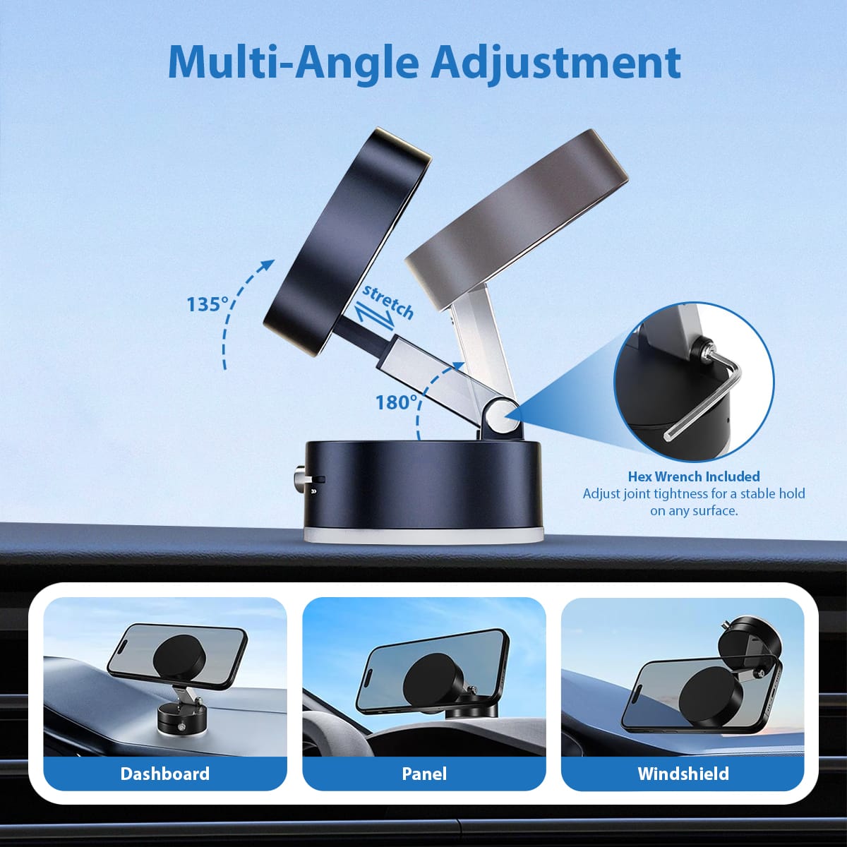 Wisgic™ Magnetic Phone Mount with multi-angle adjustment on dashboard, panel, and windshield
