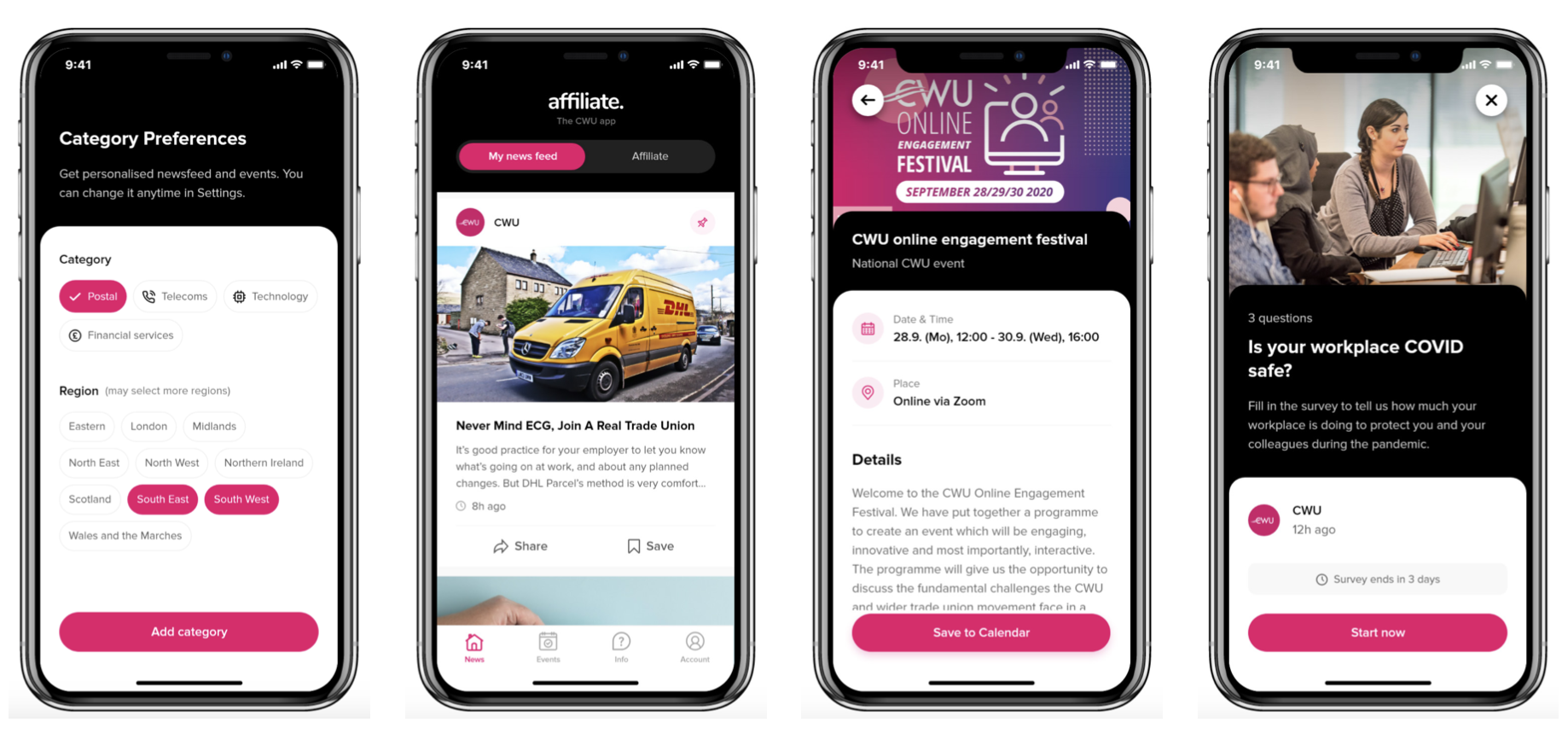 Four mobile screens showing the Affiliate app