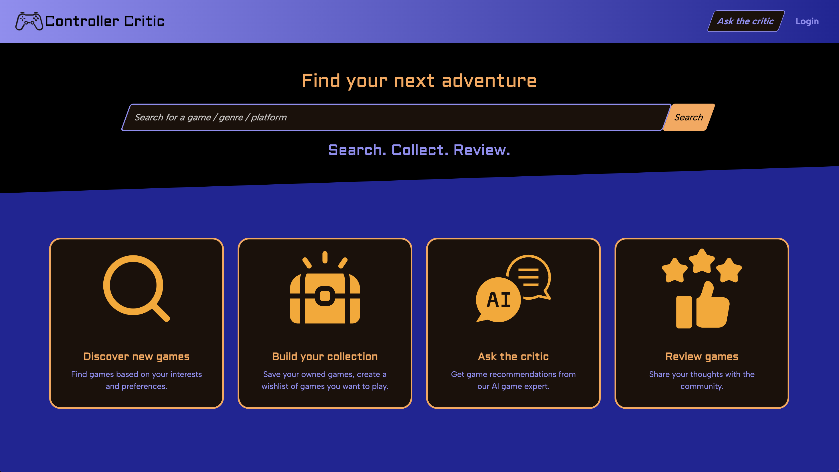 Controller Critic home page with logo and search bar