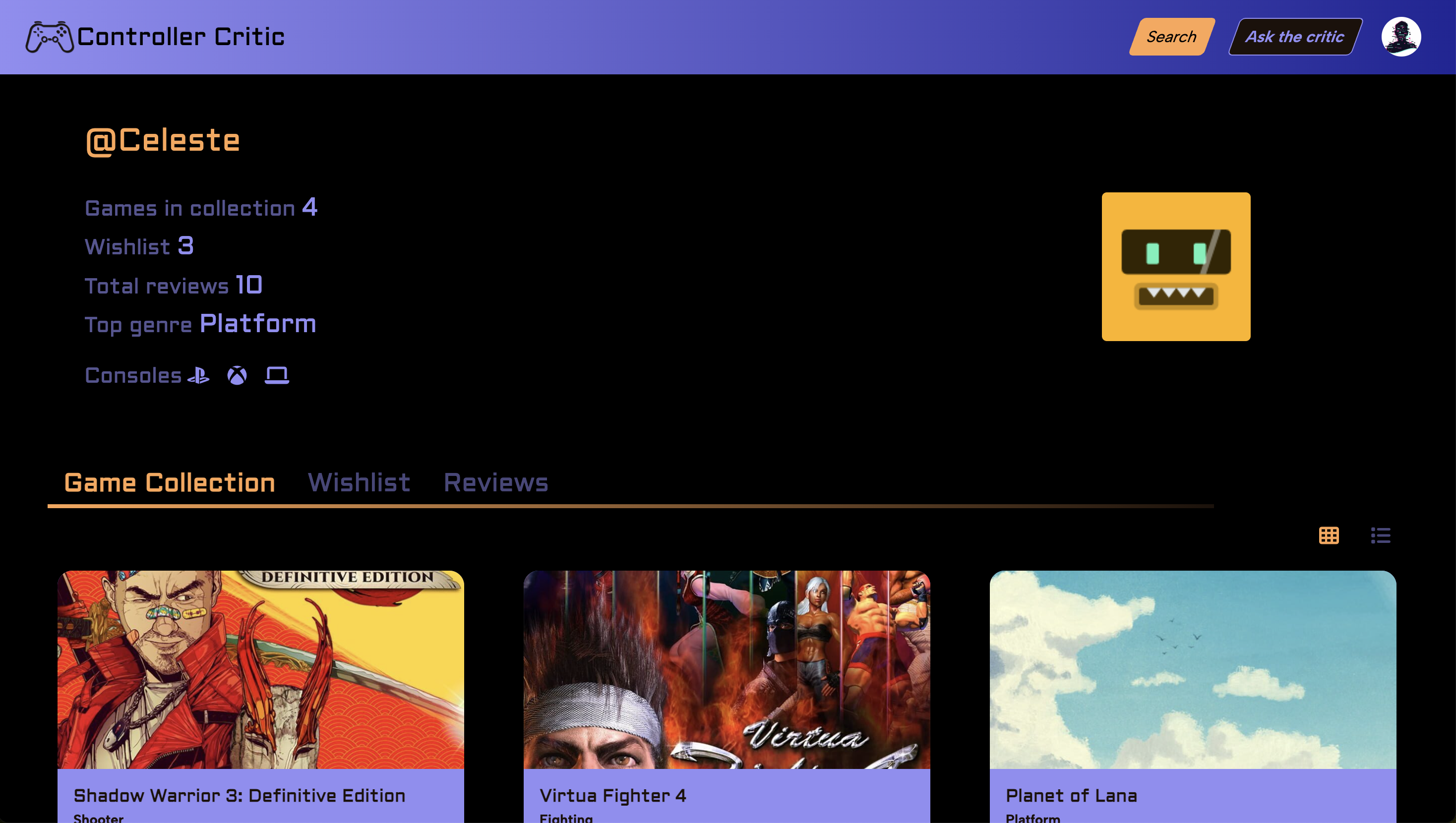 Controller Critic user profile page