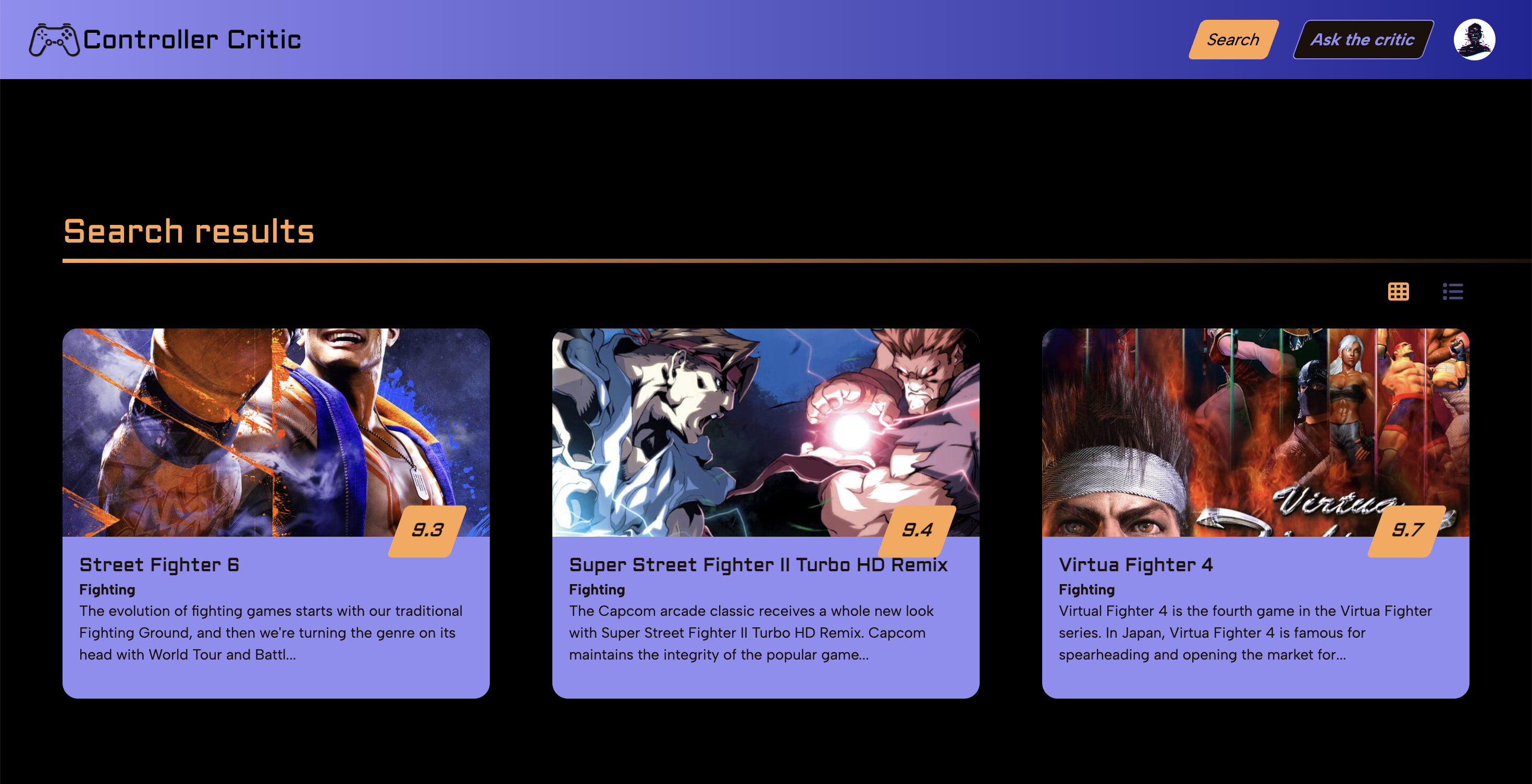 Controller Critic search results page