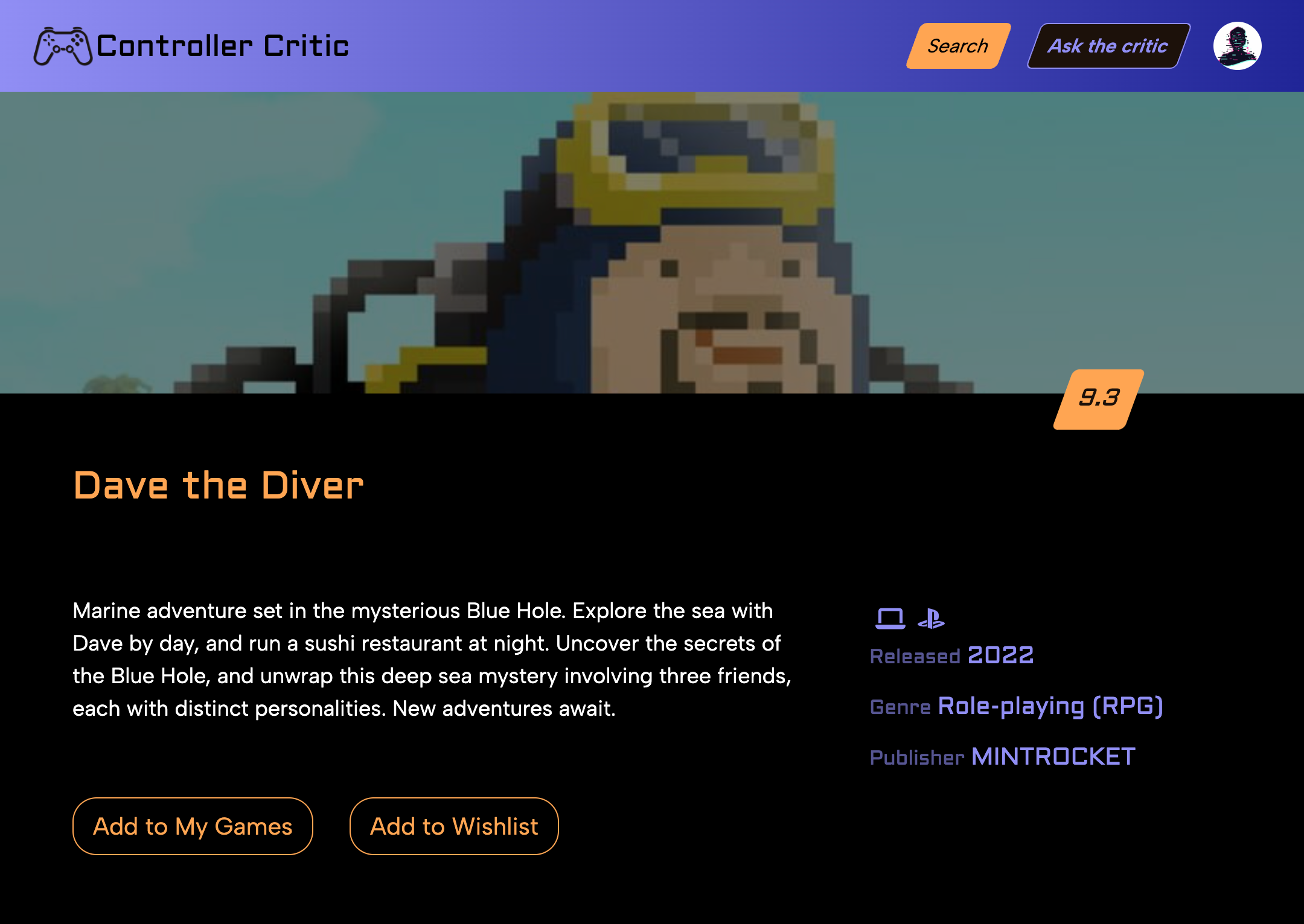 Screenshot of Controller Critic search page