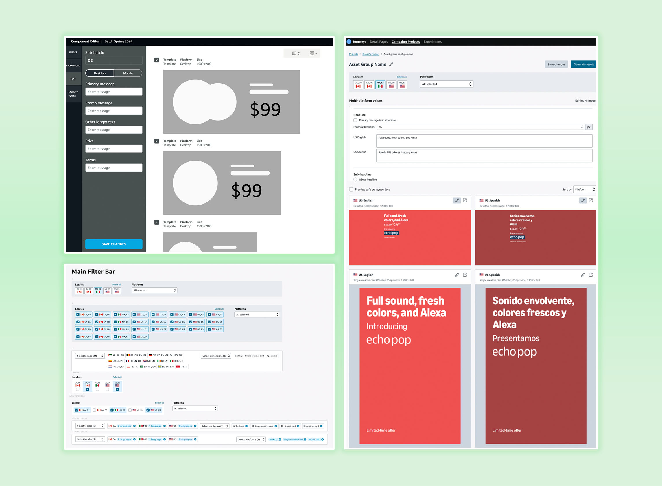 Structuring multi-market configuration so the interface stayed clear regardless of how many combinations were active.