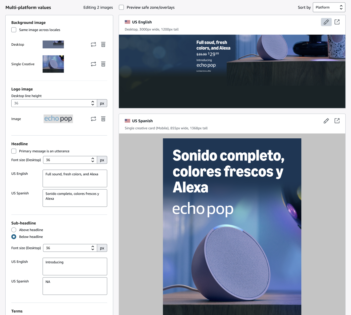 One campaign, multiple formats. Users configured the content once, while Image Builder adapted it across different layouts automatically.