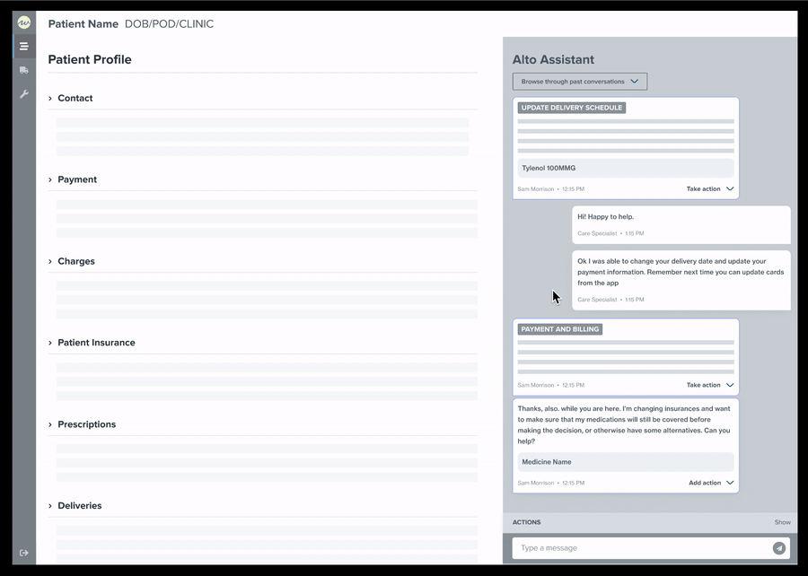 Full vertical layout, actions stacked in sequence with the conversation.