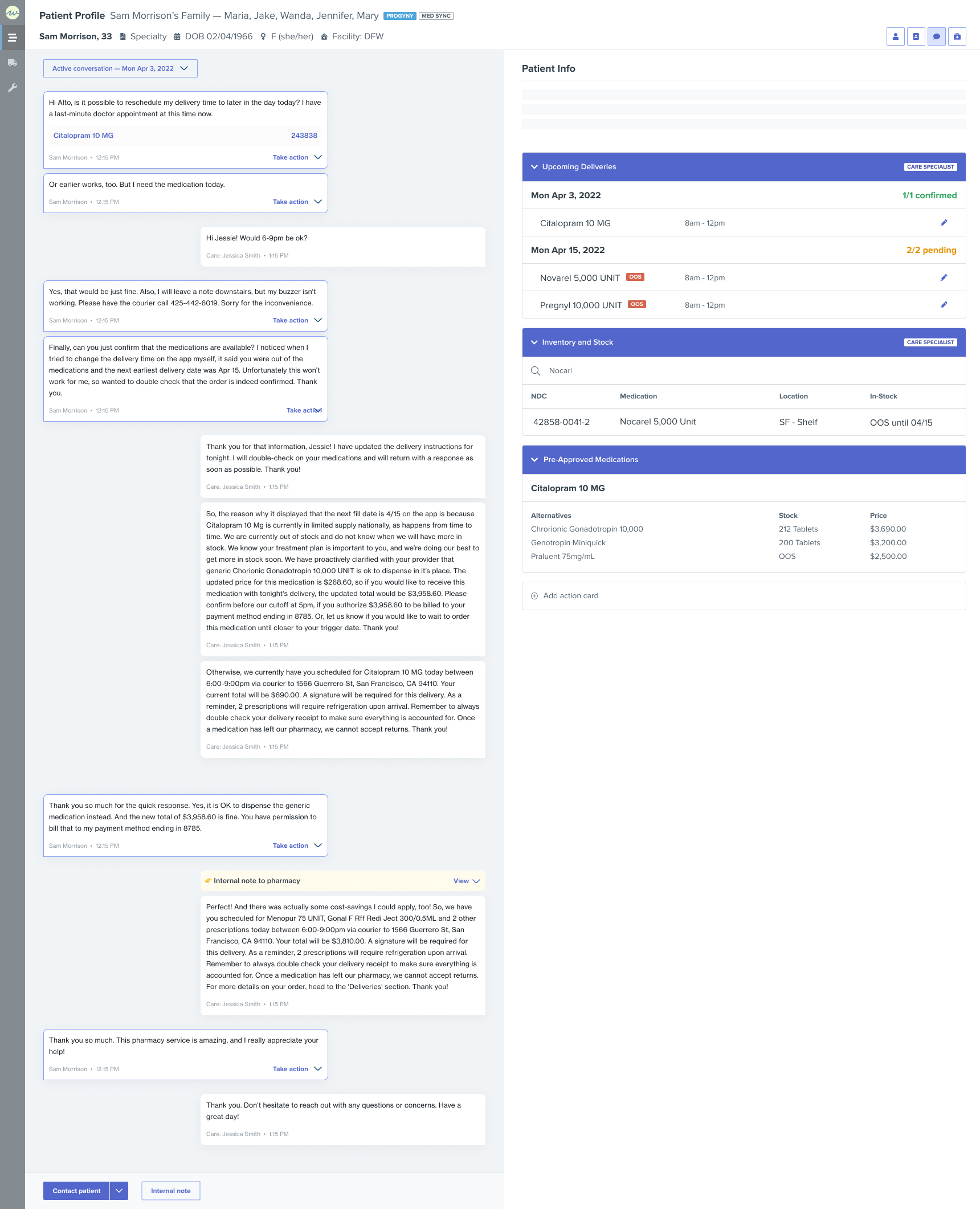 North Star: dynamic action cards adapting to patient context alongside the conversation view.