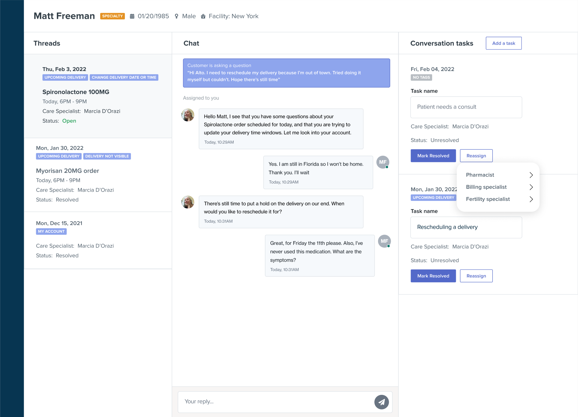 Triple panel view, separating conversation, context, and action into distinct workspaces.