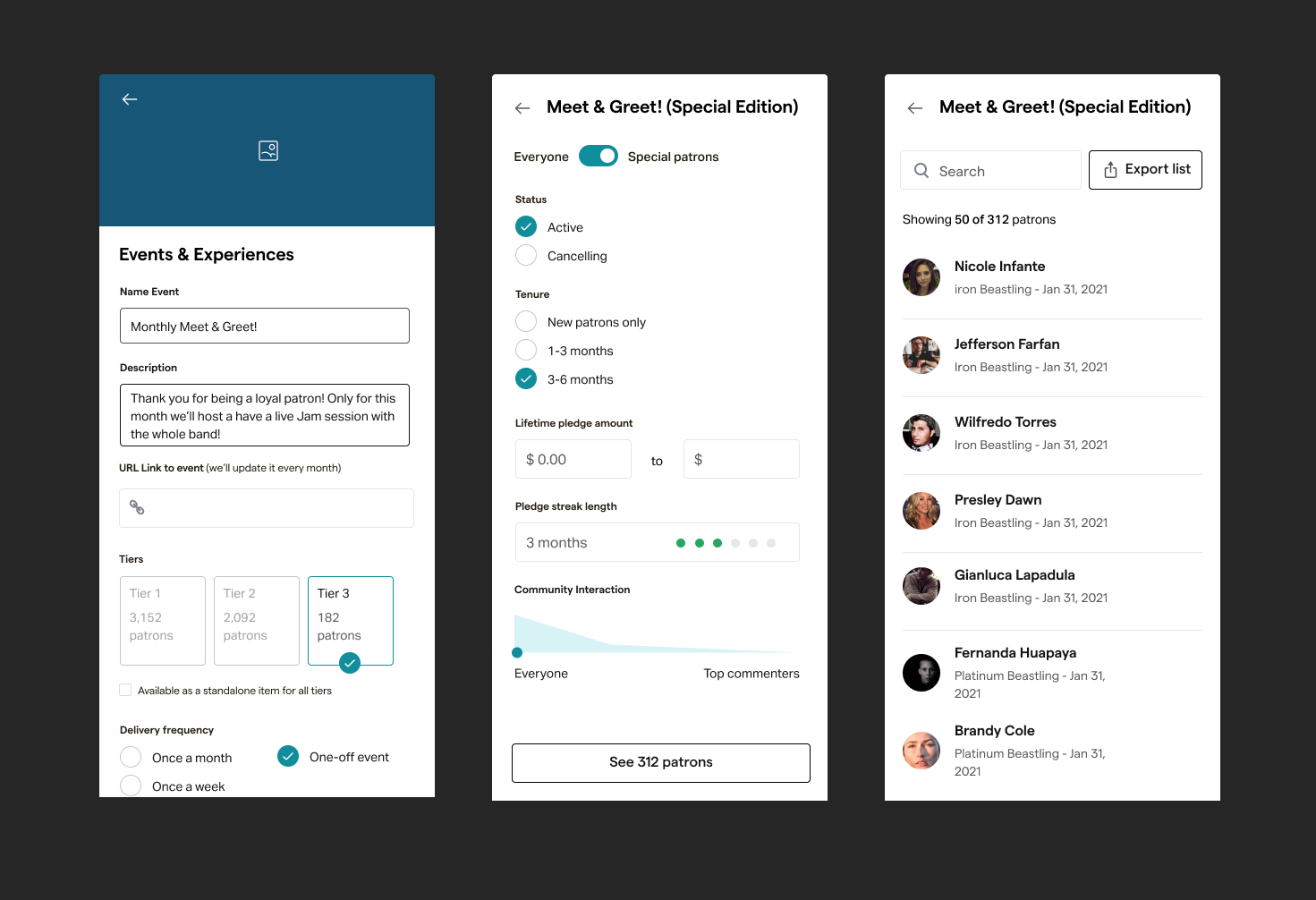 Benefit creation and qualification flow, one-time events, flexible monetization, and pledge streak integration.