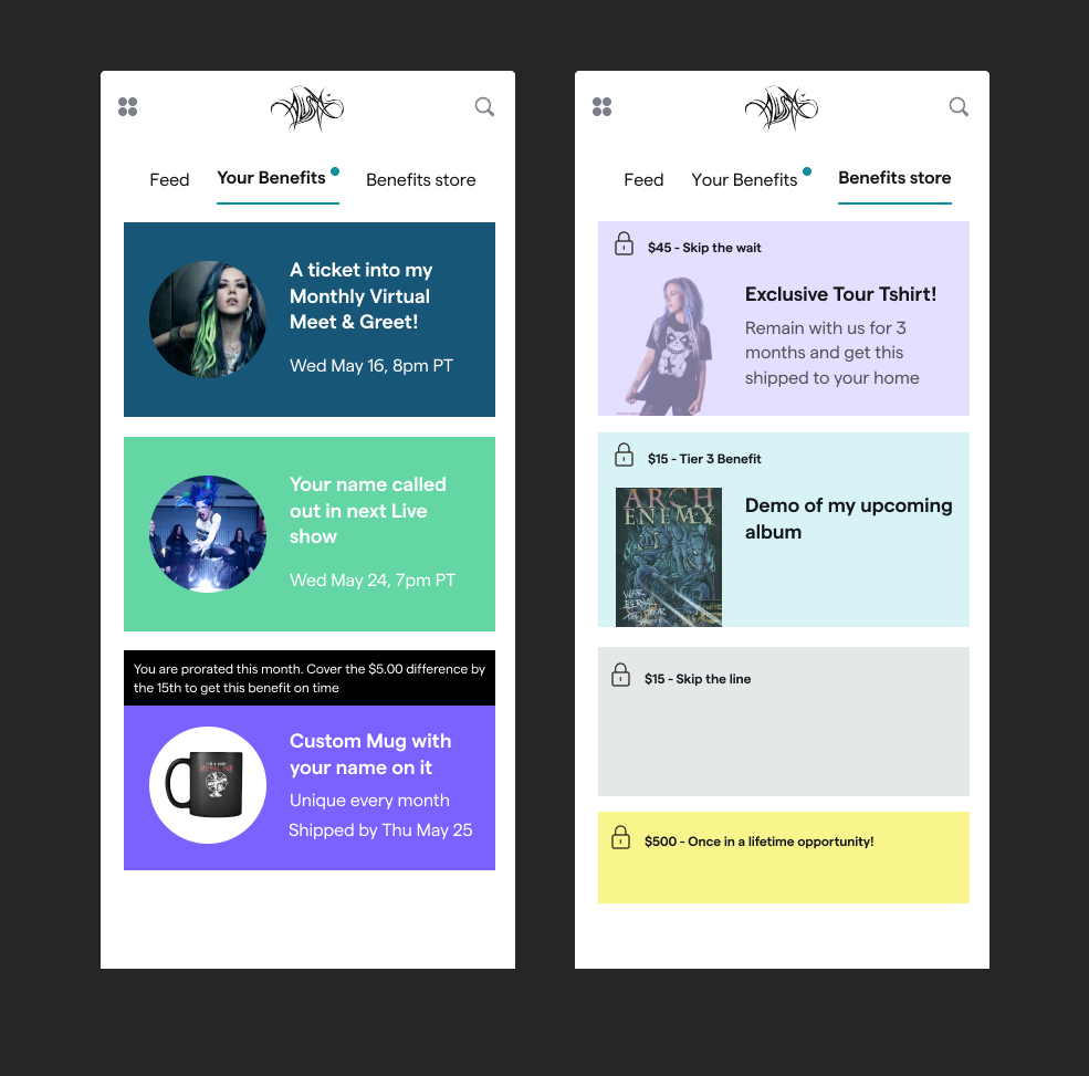 Creator feed concept, content, benefits, and merch store as distinct but connected surfaces.