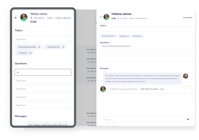 Simplified request form after research: pick a time, add a message, done.