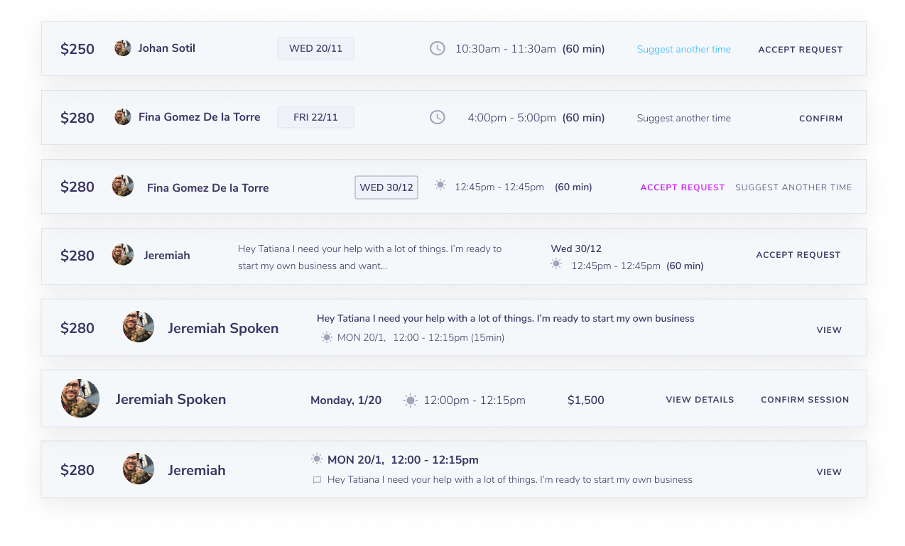 Session row component iterations , tested with a five-second test to find the clearest information hierarchy.